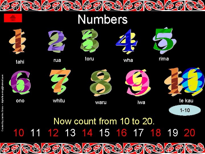 Created by Justine Driver – digitallearning@hotmail. com Numbers tahi rua ono whitu toru rima