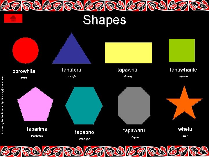 Shapes Created by Justine Driver – digitallearning@hotmail. com porowhita circle taparima pentagon tapatoru tapawharite