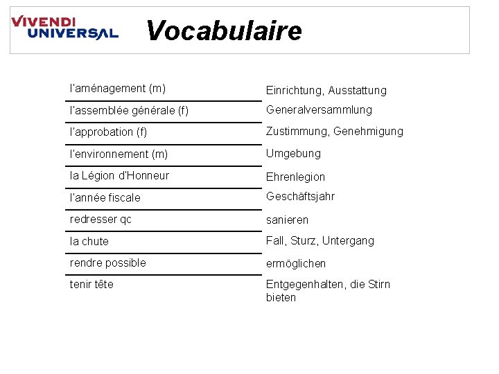 Vocabulaire l‘aménagement (m) Einrichtung, Ausstattung l’assemblée générale (f) Generalversammlung l’approbation (f) Zustimmung, Genehmigung l’environnement