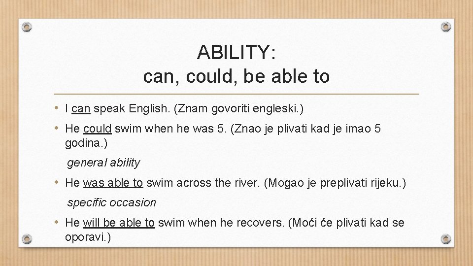 ABILITY: can, could, be able to • I can speak English. (Znam govoriti engleski.