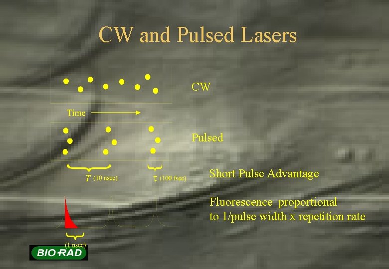 CW and Pulsed Lasers CW Pulsed Short Pulse Advantage Fluorescence proportional to 1/pulse width