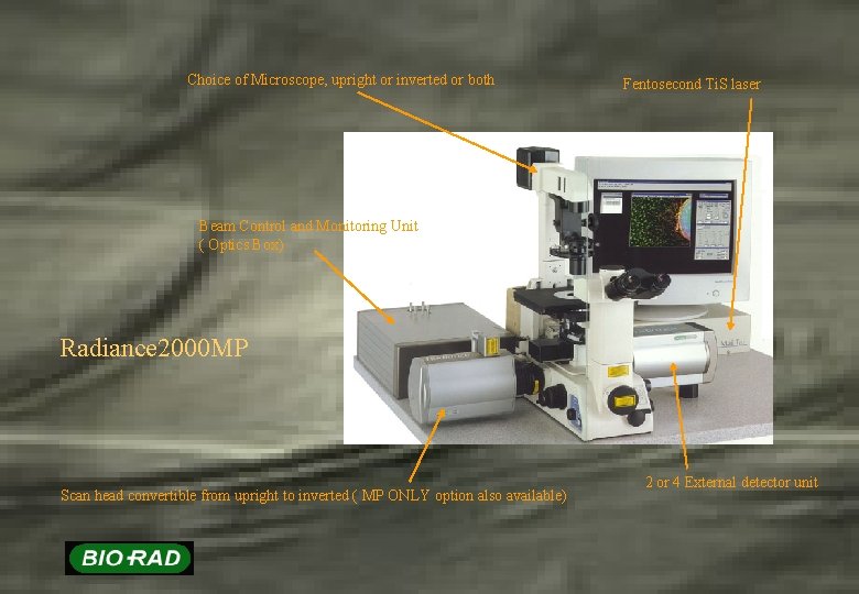 Choice of Microscope, upright or inverted or both Fentosecond Ti. S laser Beam Control