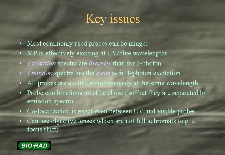 Key issues • • • Most commonly used probes can be imaged MP is