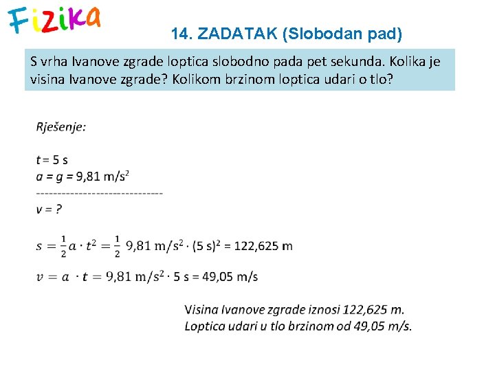 14. ZADATAK (Slobodan pad) S vrha Ivanove zgrade loptica slobodno pada pet sekunda. Kolika