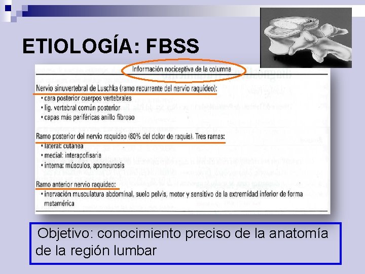 ETIOLOGÍA: FBSS Objetivo: conocimiento preciso de la anatomía de la región lumbar 