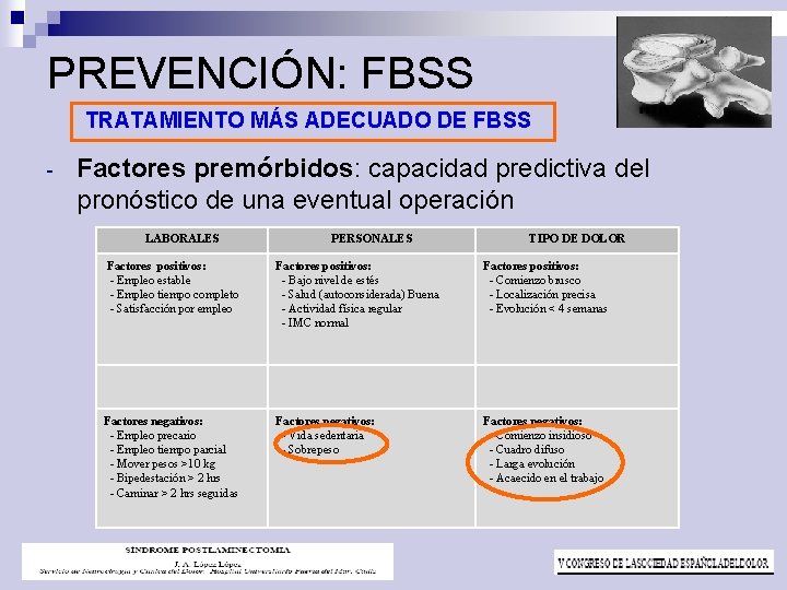 PREVENCIÓN: FBSS TRATAMIENTO MÁS ADECUADO DE FBSS - Factores premórbidos: capacidad predictiva del pronóstico