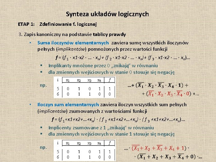 Synteza układów logicznych ETAP 1: Zdefiniowanie f. logicznej 3. Zapis kanoniczny na podstawie tablicy