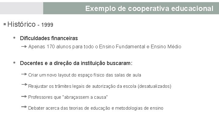 Exemplo de cooperativa educacional § Histórico - 1999 • Dificuldades financeiras Apenas 170 alunos