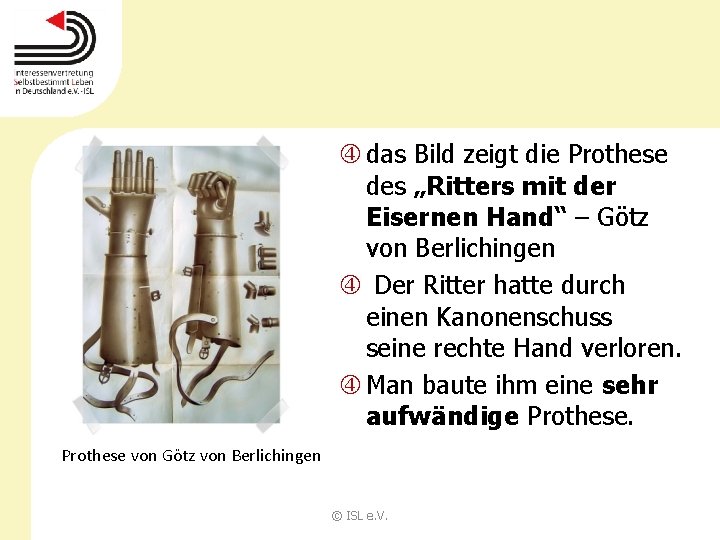  das Bild zeigt die Prothese des „Ritters mit der Eisernen Hand“ – Götz
