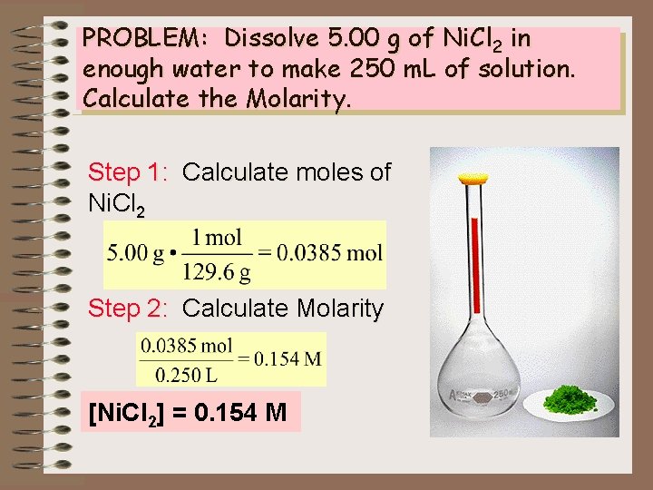 PROBLEM: Dissolve 5. 00 g of Ni. Cl 2 in enough water to make