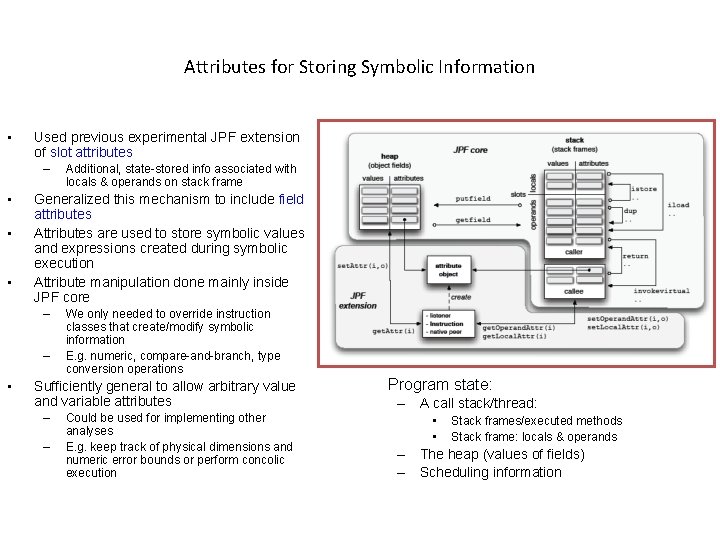 Attributes for Storing Symbolic Information • Used previous experimental JPF extension of slot attributes Attributes for Storing Symbolic Information • Used previous experimental JPF extension of slot attributes