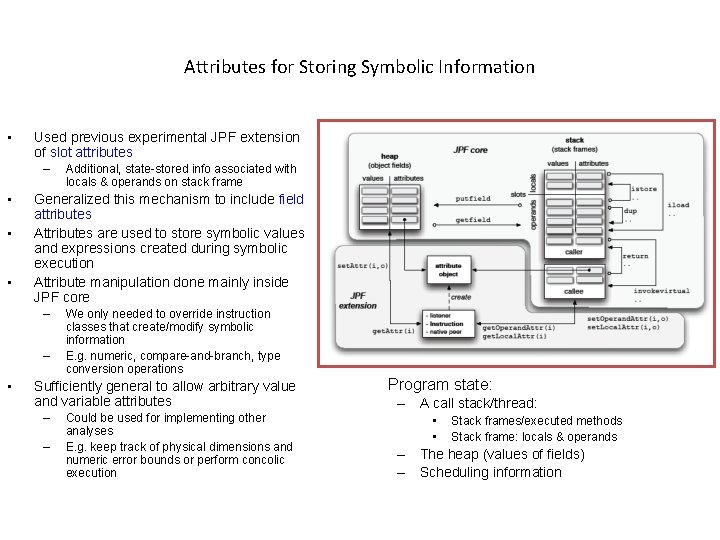 Attributes for Storing Symbolic Information • Used previous experimental JPF extension of slot attributes