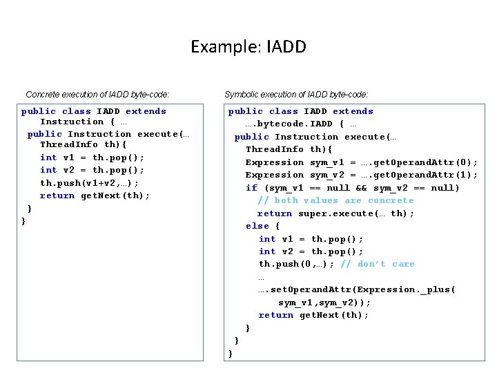 Example: IADD Concrete execution of IADD byte-code: public class IADD extends Instruction { … Example: IADD Concrete execution of IADD byte-code: public class IADD extends Instruction { …