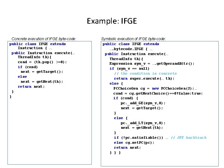 Example: IFGE Concrete execution of IFGE byte-code: public class IFGE extends Instruction { … Example: IFGE Concrete execution of IFGE byte-code: public class IFGE extends Instruction { …