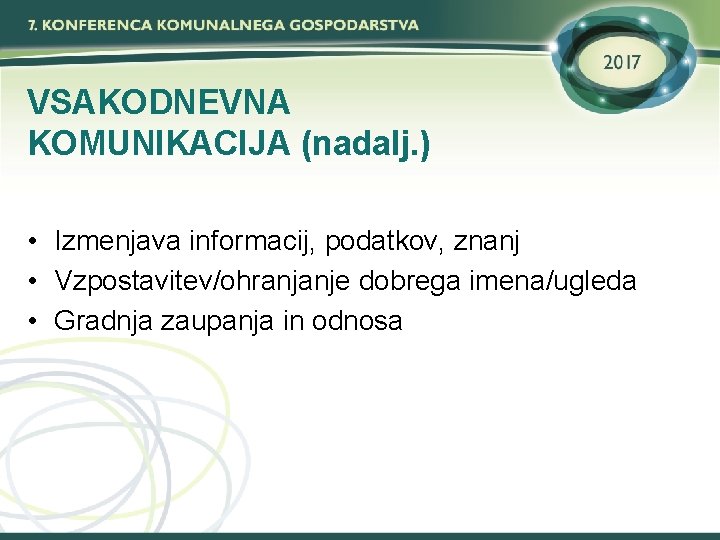 VSAKODNEVNA KOMUNIKACIJA (nadalj. ) • Izmenjava informacij, podatkov, znanj • Vzpostavitev/ohranjanje dobrega imena/ugleda •