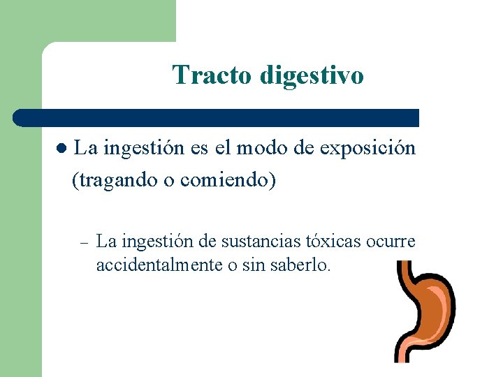 Tracto digestivo l La ingestión es el modo de exposición (tragando o comiendo) –