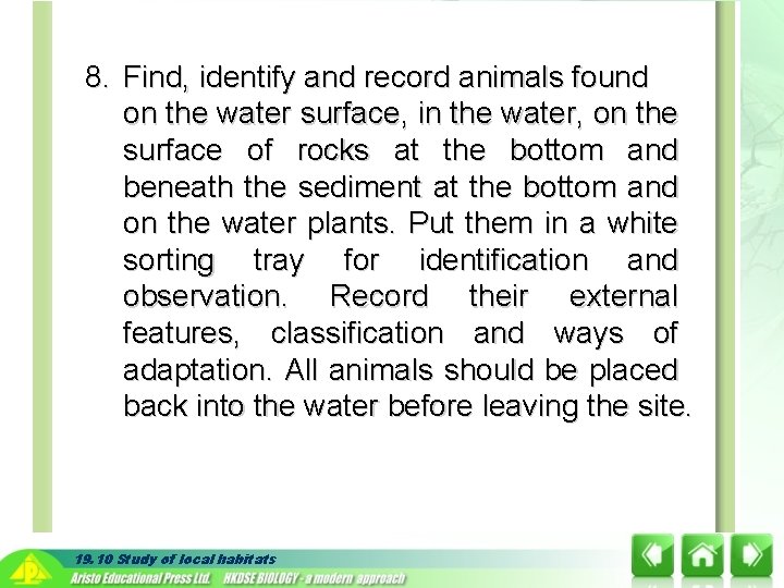 8. Find, identify and record animals found on the water surface, in the water,