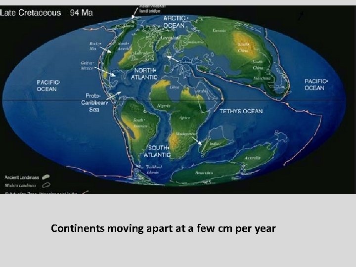 Continents moving apart at a few cm per year 