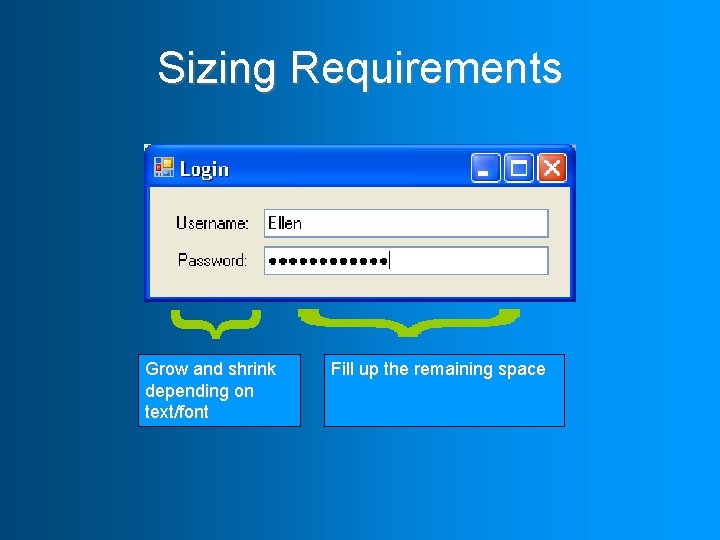 { Sizing Requirements Grow and shrink depending on text/font Fill up the remaining space