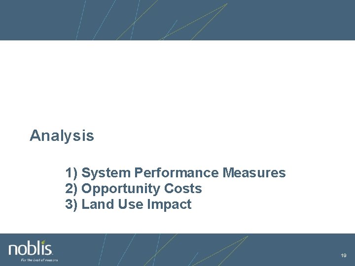 Analysis 1) System Performance Measures 2) Opportunity Costs 3) Land Use Impact 19 