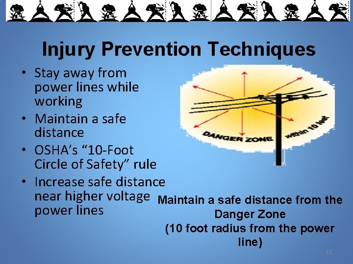 Injury Prevention Techniques • Stay away from power lines while working • Maintain a