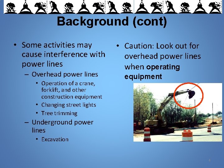 Background (cont) • Some activities may cause interference with power lines – Overhead power