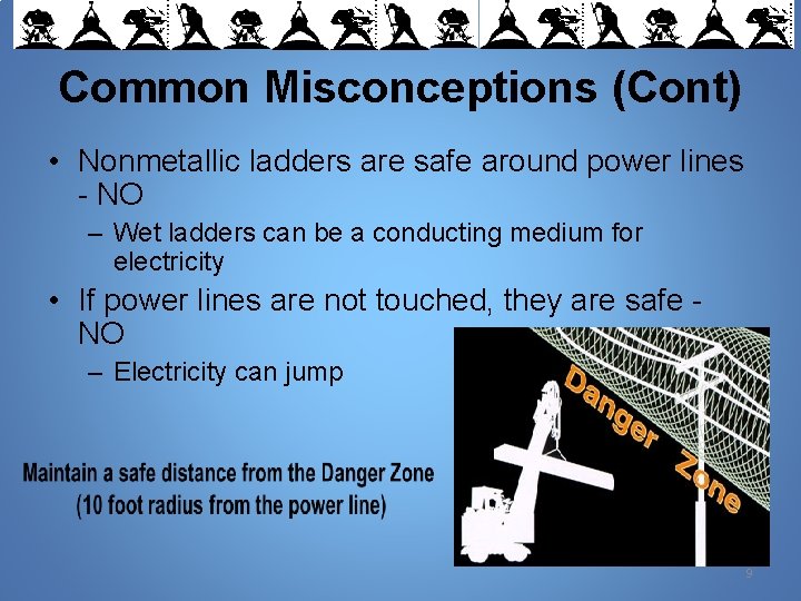 Common Misconceptions (Cont) • Nonmetallic ladders are safe around power lines - NO –