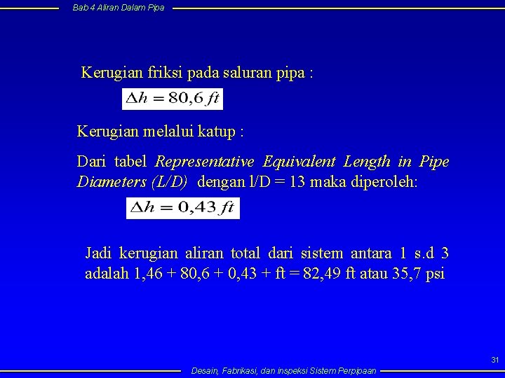 Bab 4 Aliran Dalam Pipa Kerugian friksi pada saluran pipa : Kerugian melalui katup