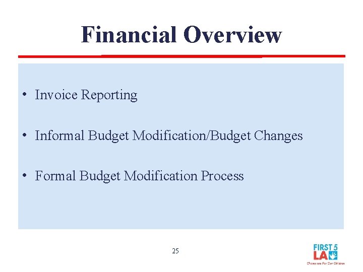 Financial Overview • Invoice Reporting • Informal Budget Modification/Budget Changes • Formal Budget Modification