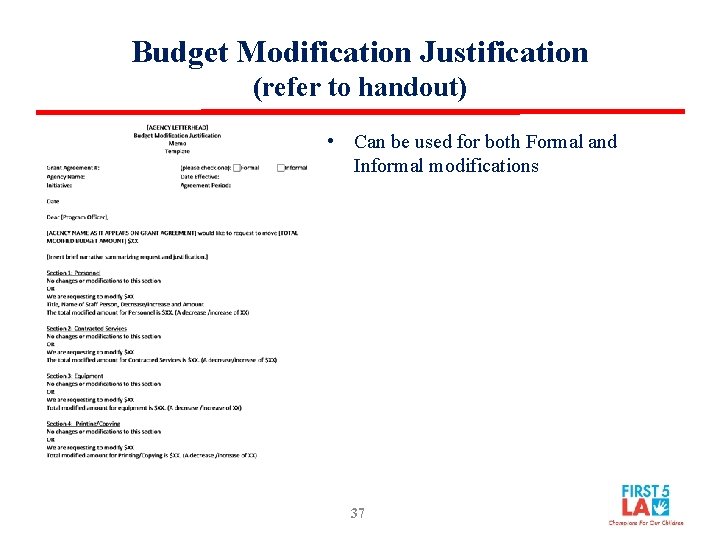 Budget Modification Justification (refer to handout) • Can be used for both Formal and