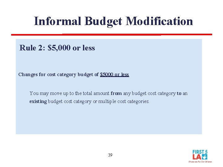 Informal Budget Modification Rule 2: $5, 000 or less Changes for cost category budget