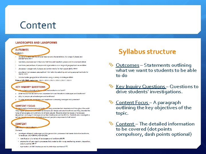 Content Syllabus structure Outcomes – Statements outlining what we want to students to be