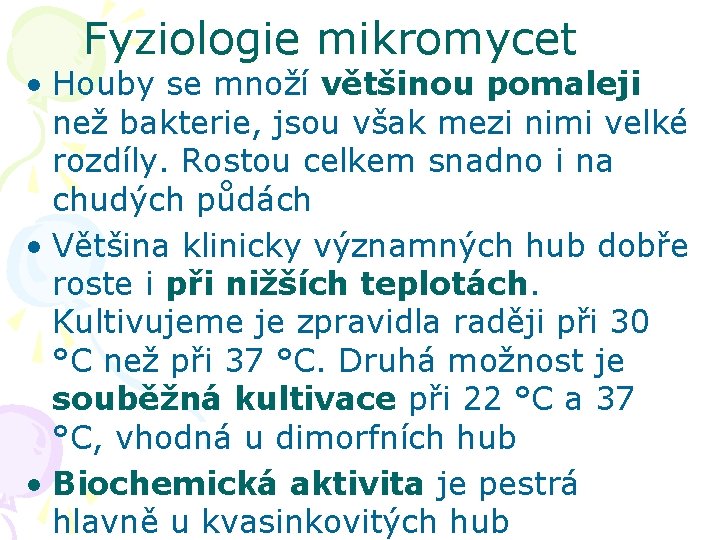 Fyziologie mikromycet • Houby se množí většinou pomaleji než bakterie, jsou však mezi nimi
