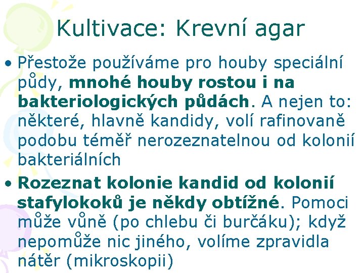 Kultivace: Krevní agar • Přestože používáme pro houby speciální půdy, mnohé houby rostou i