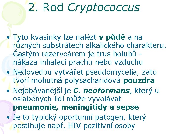 2. Rod Cryptococcus • Tyto kvasinky lze nalézt v půdě a na různých substrátech