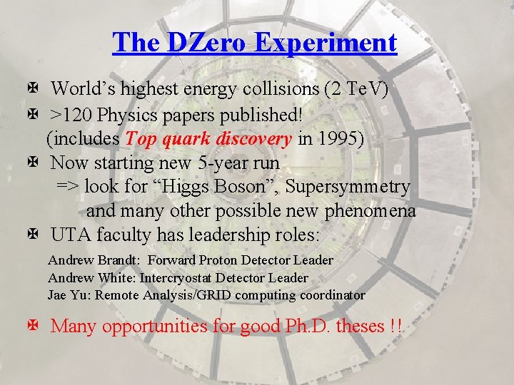 The DZero Experiment World’s highest energy collisions (2 Te. V) >120 Physics papers published!