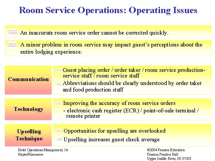 Room Service Operations: Operating Issues An inaccurate room service order cannot be corrected quickly.