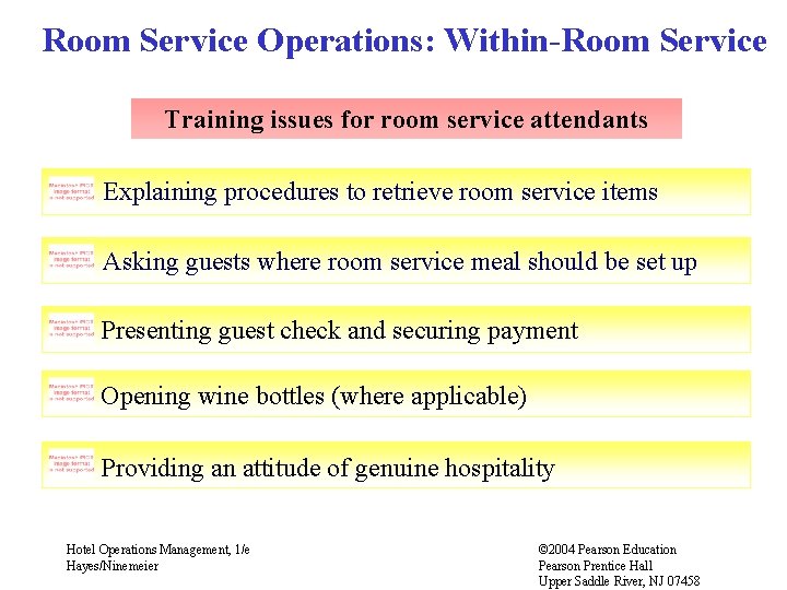 Room Service Operations: Within-Room Service Training issues for room service attendants Explaining procedures to