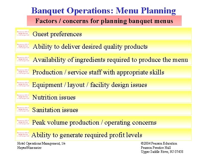 Banquet Operations: Menu Planning Factors / concerns for planning banquet menus Guest preferences Ability