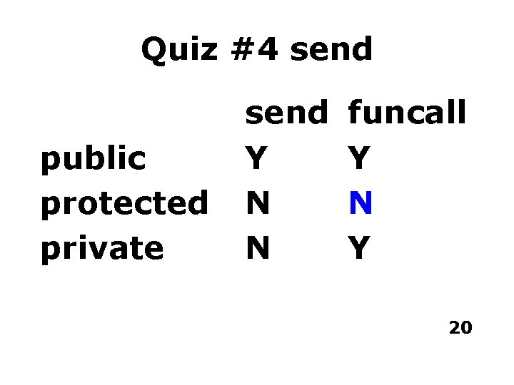 Quiz #4 send public protected private send Y N N funcall Y N Y