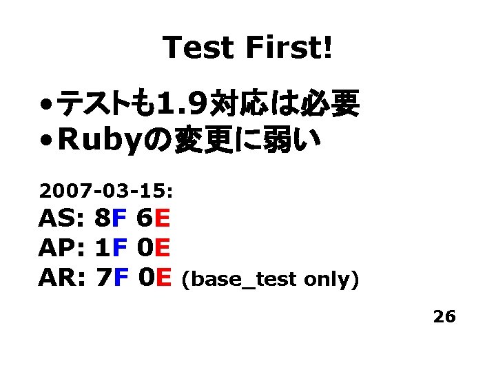 Test First! • テストも1. 9対応は必要 • Rubyの変更に弱い 2007 -03 -15: AS: 8 F 6