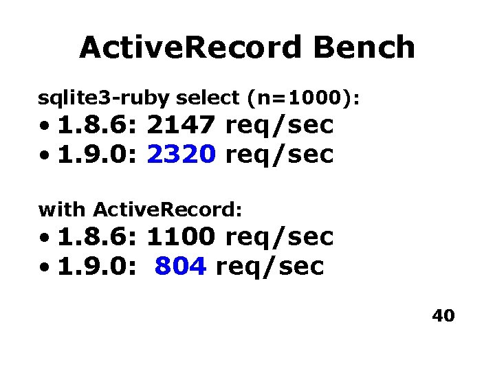 Active. Record Bench sqlite 3 -ruby select (n=1000): • 1. 8. 6: 2147 req/sec