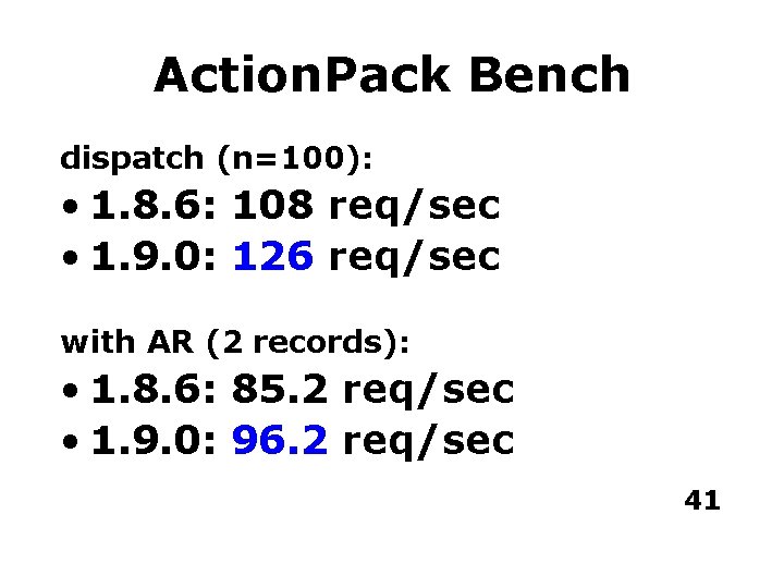 Action. Pack Bench dispatch (n=100): • 1. 8. 6: 108 req/sec • 1. 9.