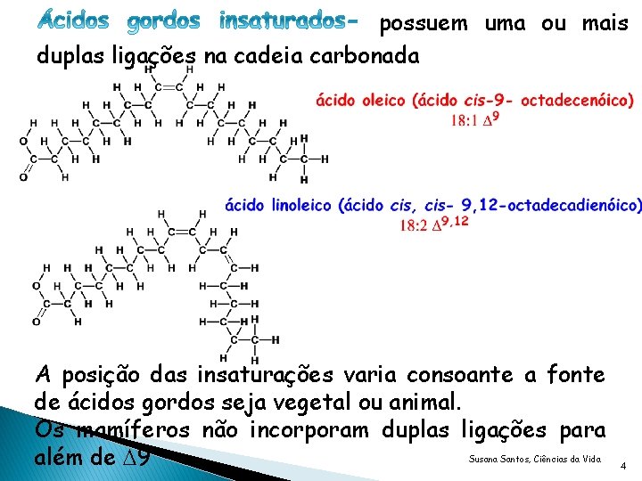 possuem uma ou mais duplas ligações na cadeia carbonada A posição das insaturações varia