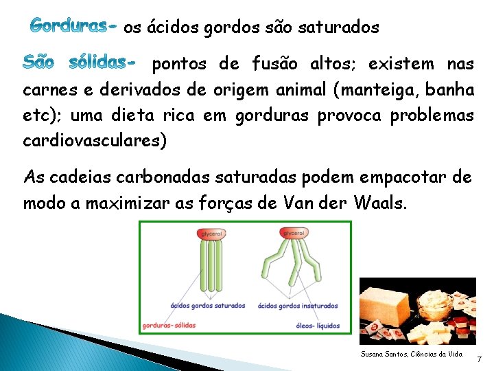 os ácidos gordos são saturados pontos de fusão altos; existem nas carnes e derivados