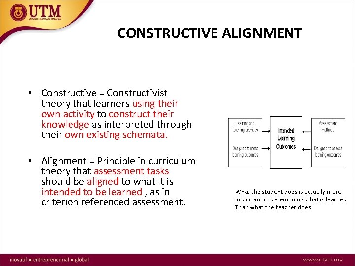 CONSTRUCTIVE ALIGNMENT • Constructive = Constructivist theory that learners using their own activity to