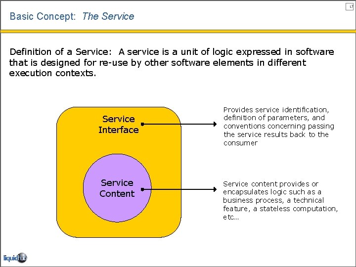 17 Basic Concept: The Service Definition of a Service: A service is a unit