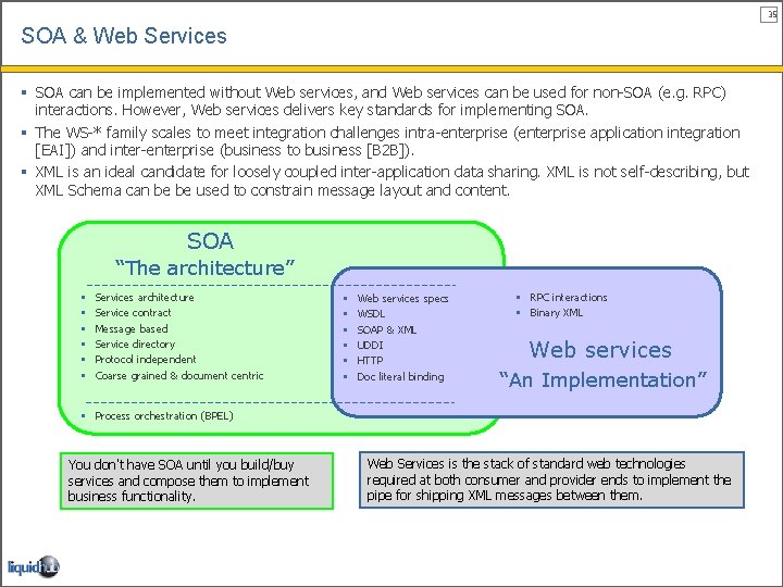 35 SOA & Web Services § SOA can be implemented without Web services, and