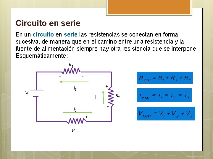 Circuito en serie En un circuito en serie las resistencias se conectan en forma
