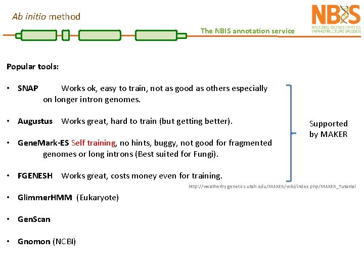 Ab initio method The NBIS annotation service Popular tools: • SNAP Works ok, easy